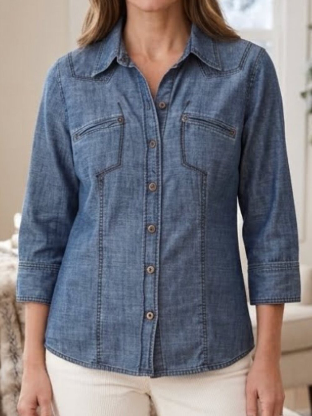 Flattering Vintage Cotton Ginny Western Denim Snap Up Chambray Shirt Sz Medium